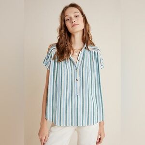 Anthropologie The Serena Surf Henley Blouse Striped Print Button Collared Top M